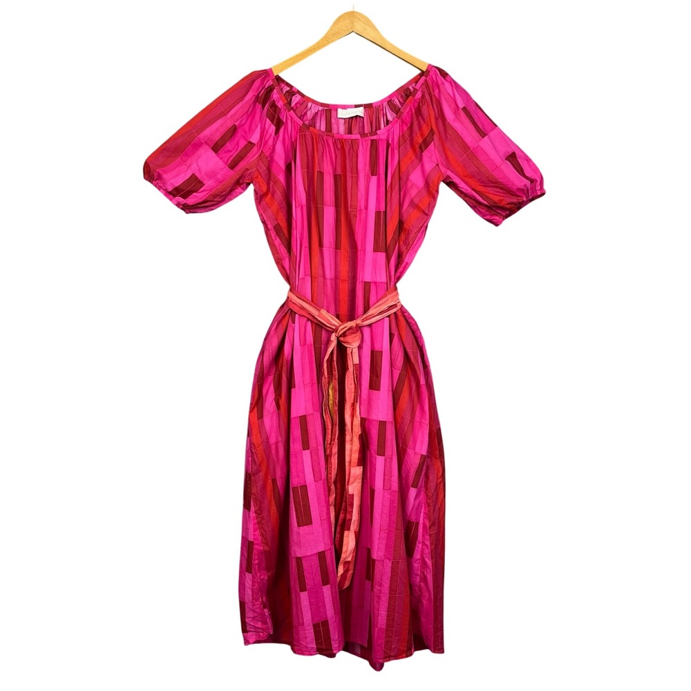 Natalie Martin Dress Womens L Cotton Geometric Print Puff Sleeve Belted Midi